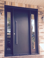 Modern Mastergrain Fiberglass door with Acid Frost glass sidelites with pull bar