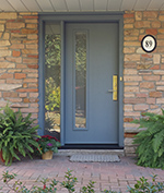 Contemporary Fiberglass door with custom colour acid frost glass in sidelite and multipoint lockr